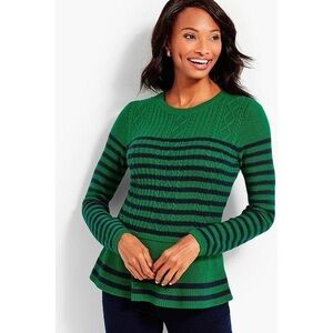 Talbots green and navy striped cable patterned peplum sweater size XLP